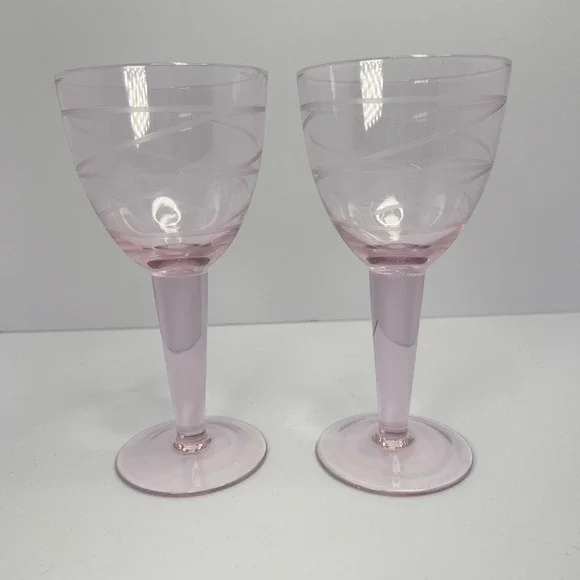 Vintage Pink MCM Wine Glasses Etched Swirl Pattern Thick Stem 7" Set of 2 - Picture 1 of 7